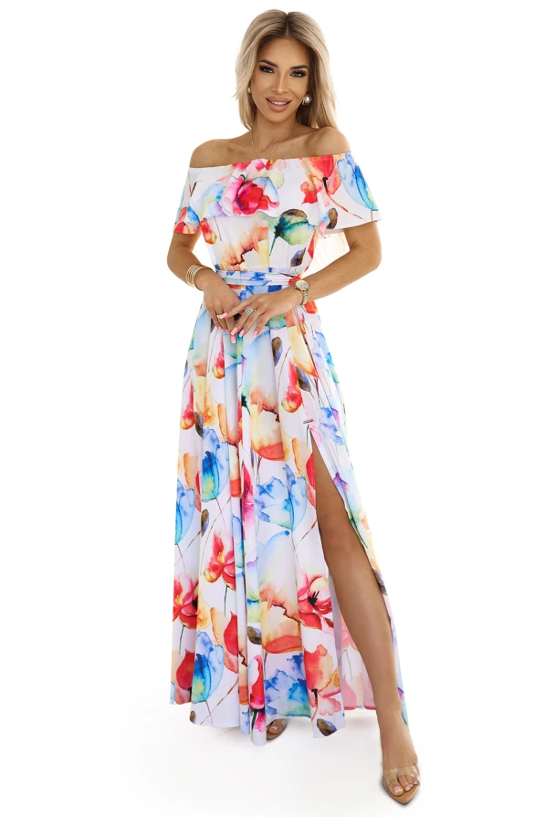 194-5 Rochie lungă de vară cu curea - model de flori colorate 🌸