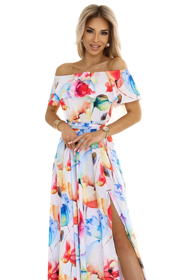 194-5 Rochie lungă de vară cu curea - model de flori colorate 🌸