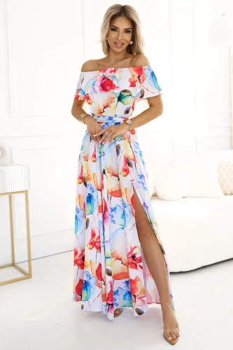 Rochie lungă de vară cu un design floral vibrant și decolteu pe umeri. Materialul ușor și croiala cu deschidere laterală oferă un aspect elegant și confortabil.}
