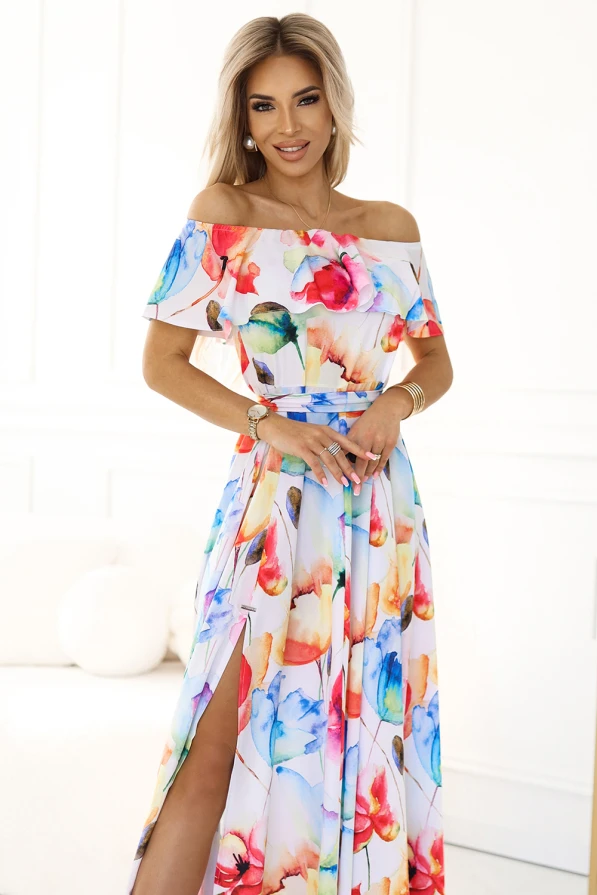 194-5 Rochie lungă de vară cu curea - model de flori colorate 🌸