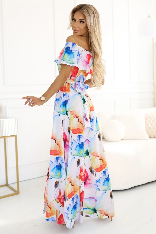 194-5 Rochie lungă de vară cu curea - model de flori colorate 🌸