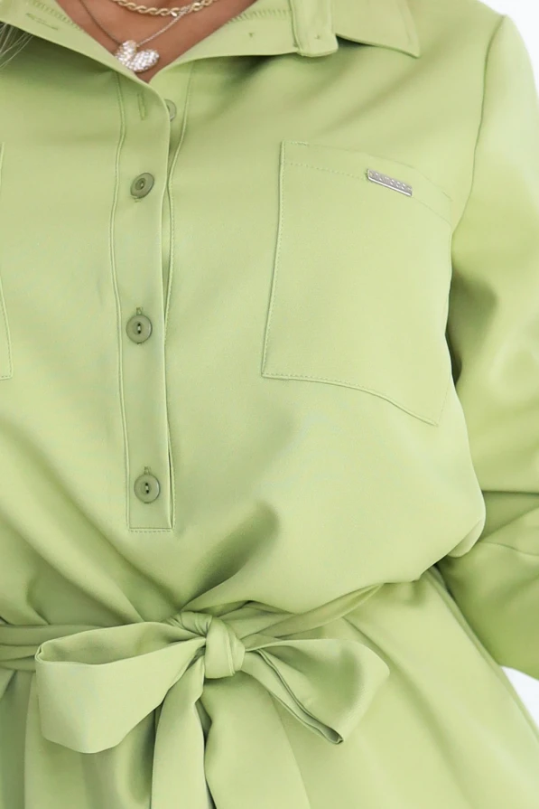 284-3 CAMILLE Рокля-риза с джобове и връзки - маслиненозелен цвят