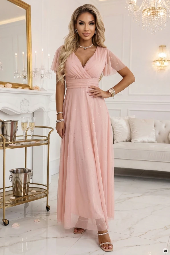 Modelul într-o rochie maxi din tulle piersică cu sclipici delicat, decolteu în V tip plic și mâneci ușoare - o rochie elegantă pentru nunți și recepții.
