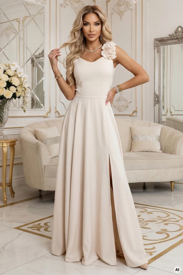 Rochie lungă de seară bej cu floare pe umăr și șlit