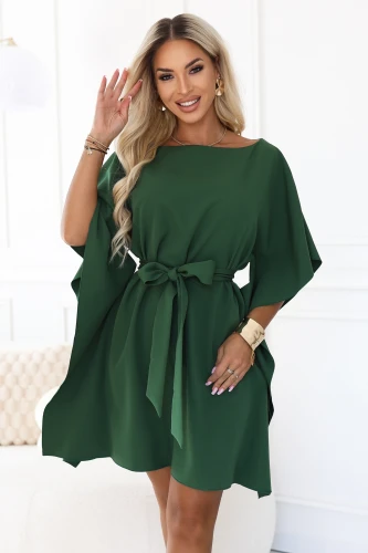 Rochie mini verde smarald Sofia, tip fluture, cu curea la talie, Numoco}