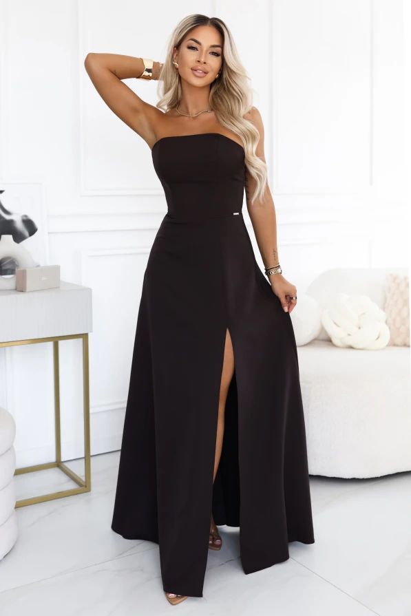 Rochie maxi stil corset, maro ciocolatiu, ELARA de la Numoco, fără bretele, cu șliț înalt