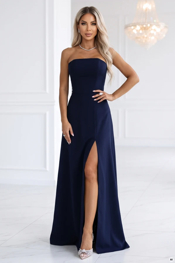 Rochie maxi stil corset, bleumarin, Elara Numoco, cu umeri goi și șliț înalt la picior, rochie elegantă pentru nuntă și bal.