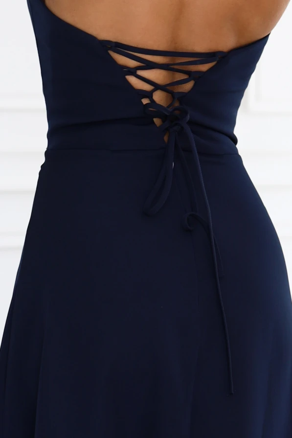 Rochie maxi stil corset, bleumarin, Elara Numoco, cu umeri goi și șliț înalt la picior, rochie elegantă pentru nuntă și bal.