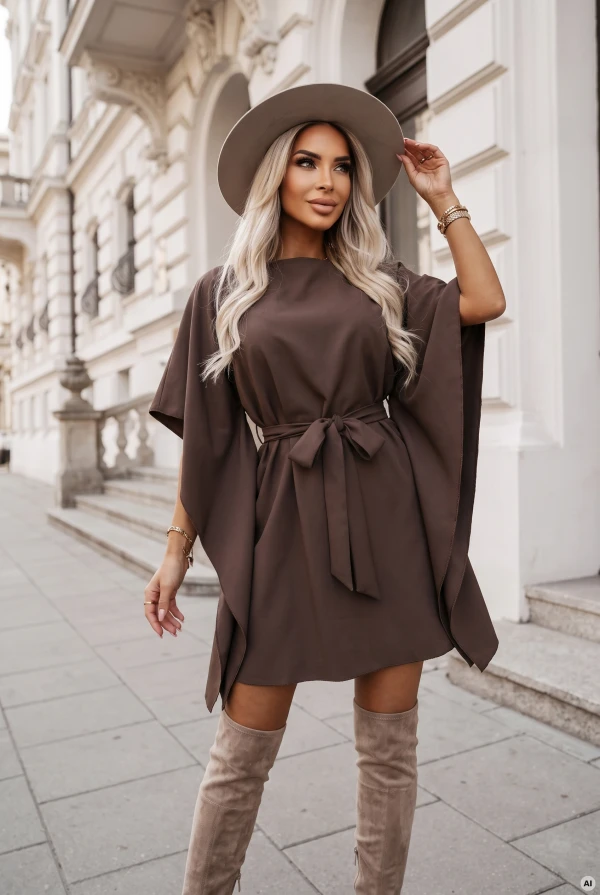 Model purtând rochia SOFIA de la Numoco în nuanța maro mocha. Rochia ajunge chiar deasupra genunchilor, are decolteu barcă, mâneci late de tip fluture și o curea legată la talie în fundă.