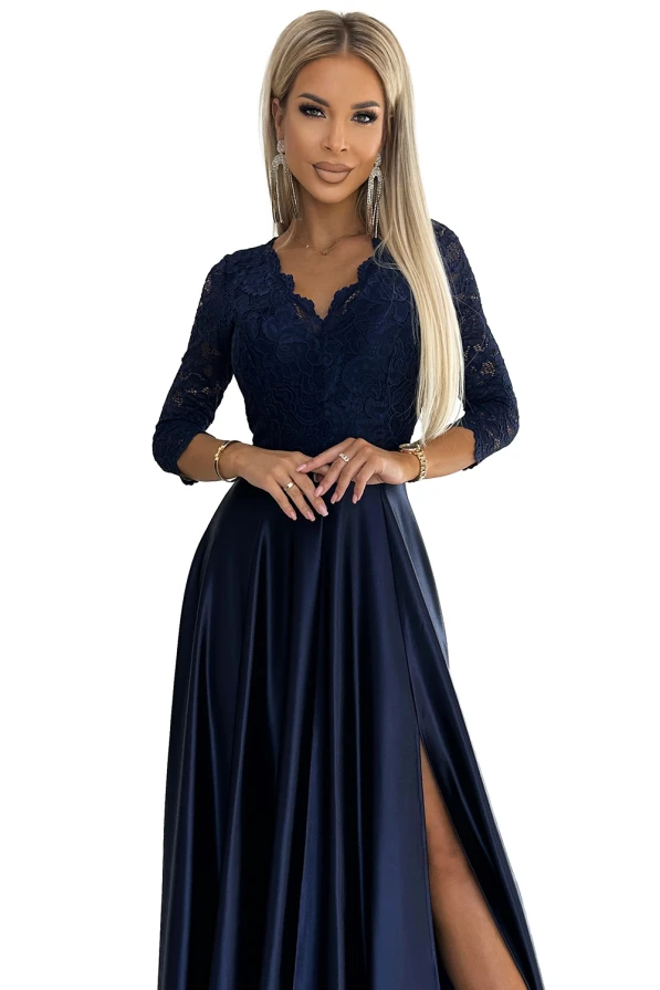 309-7 AMBER rochie lungă din SATIN cu dantelă și decolteu - în culoare NAVY