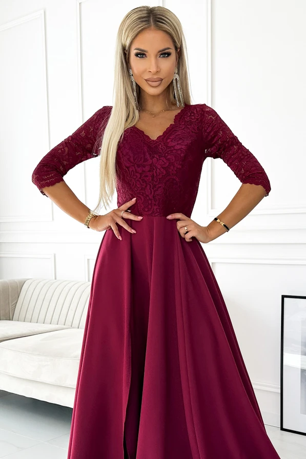 309-9 AMBER rochie lungă elegantă maxi cu decolteu din dantelă - VISINIU