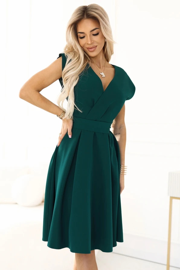 348-11 SCARLETT - rochie evazată cu decolteu în V - VERDE STICLĂ