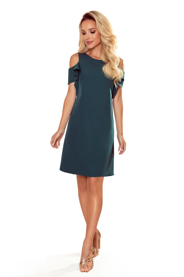 359-2 Rochie trapezoidală cu volane pe umeri - VERDE STICLĂ