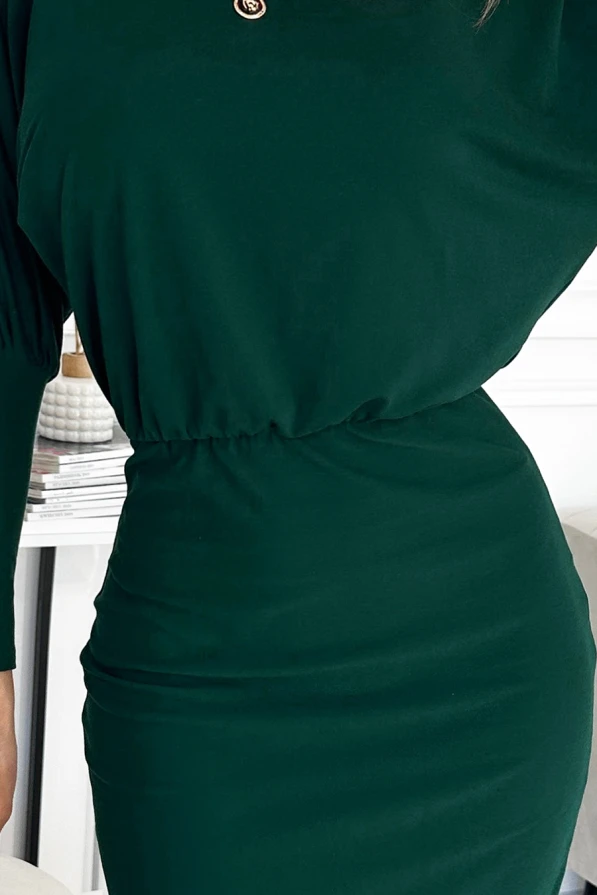 399-2 LARA Rochie cu mâneci elastice - verde sticlă