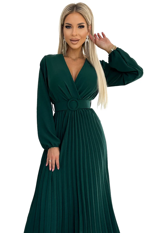 504-3 VIVIANA Rochie midi plisată cu decolteu, mânecă lungă și cordon lat - VERDE STICLĂ