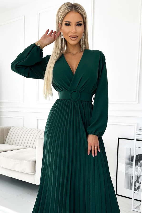 504-3 VIVIANA Rochie midi plisată cu decolteu, mânecă lungă și cordon lat - VERDE STICLĂ