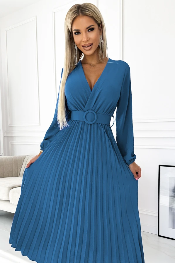 504-5 VIVIANA Rochie plisată midi cu decolteu, mânecă lungă și cordon lat - culoare JEANS