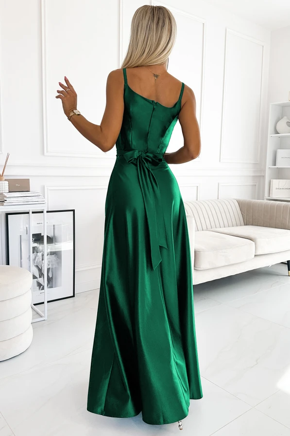 512-1 JULIET rochie lungă elegantă de satin cu decolteu - VERDE STICLĂ