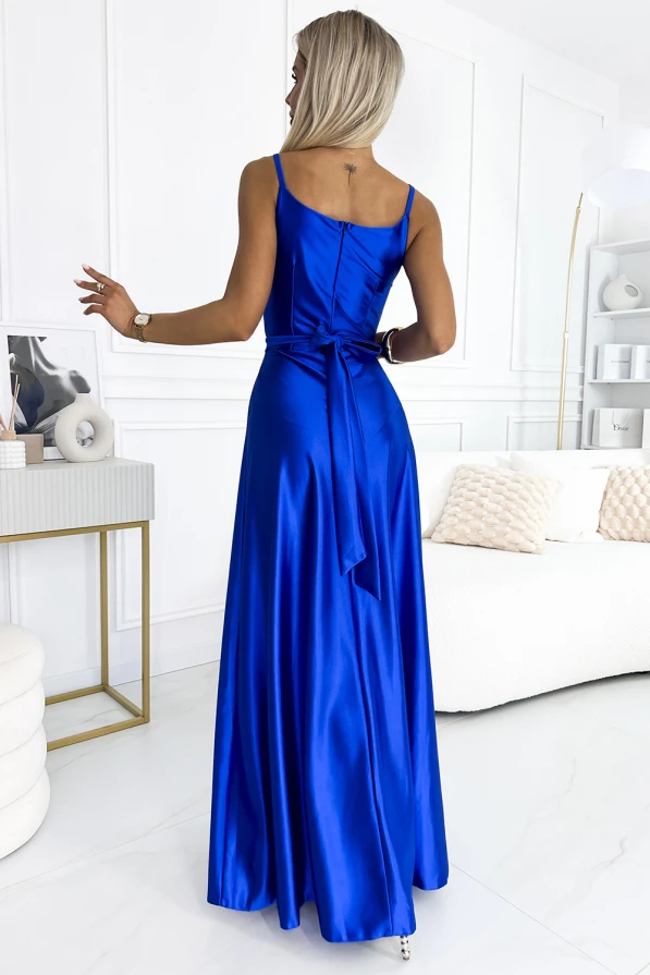 512-4 JULIET rochie lungă elegantă de satin cu decolteu și slit pe picior - ALBASTRU COBALT