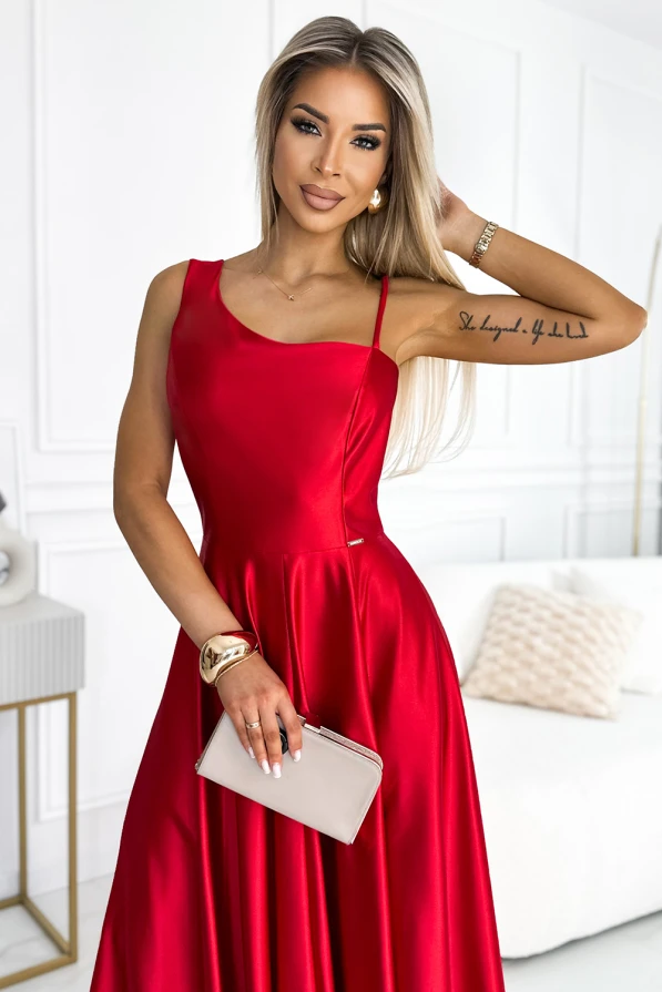 524-1 Rochie lungă elegantă de satin cu un umăr - ROȘIE