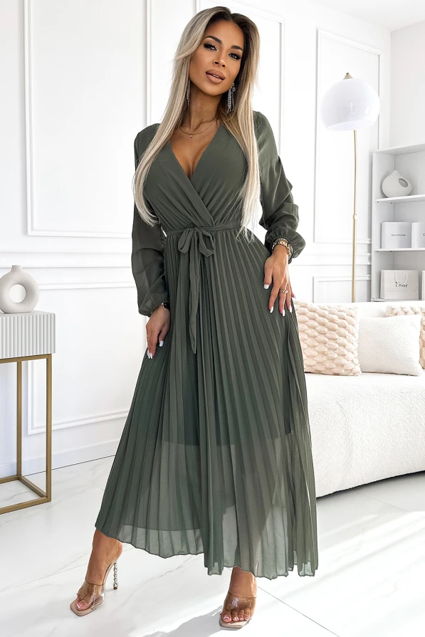 537-2 Rochie plisata din sifon cu decolteu, maneci lungi si curea legata - KHAKI