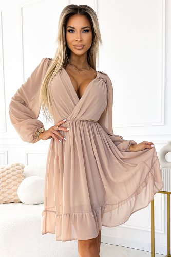 538-1 MILA Rochie midi din sifon cu maneci lungi si decolteu - culoare bej