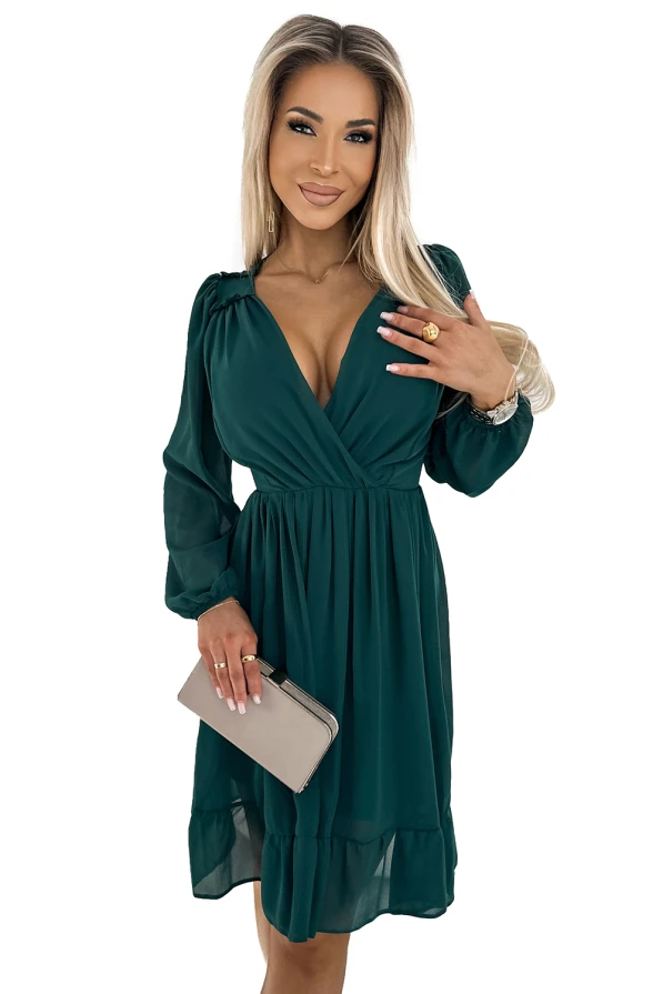 MILA Rochie midi din sifon cu maneci lungi si decolteu - verde