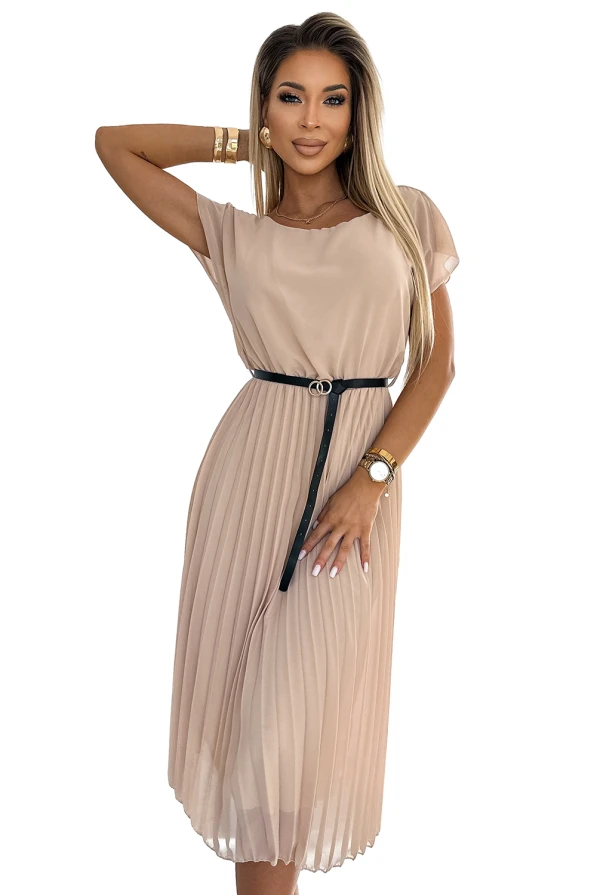 548-1 Rochie midi plisata cu centura neagra - bej