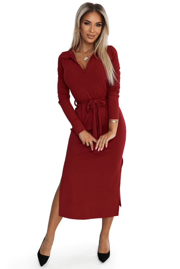 Rochie midi clasică cu guler și cravată - burgundy