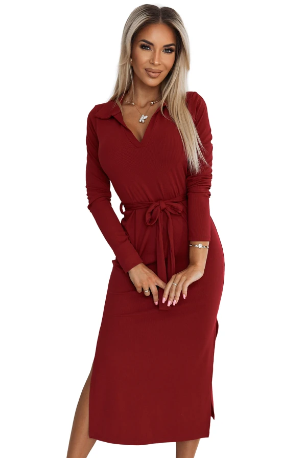 Rochie midi clasică cu guler și cravată - burgundy