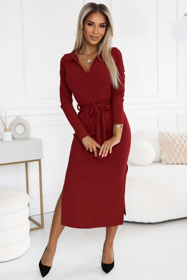 Rochie midi clasică cu guler și cravată - burgundy