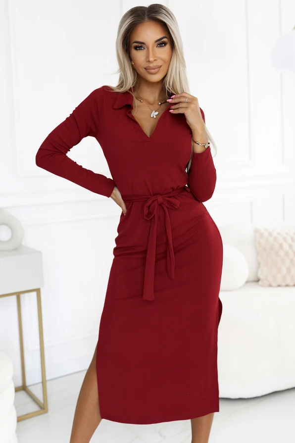 Rochie midi clasică cu guler și cravată - burgundy