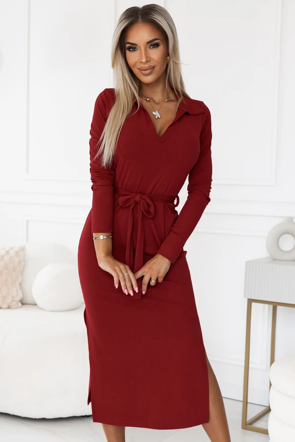 Rochie midi clasică cu guler și cravată - burgundy