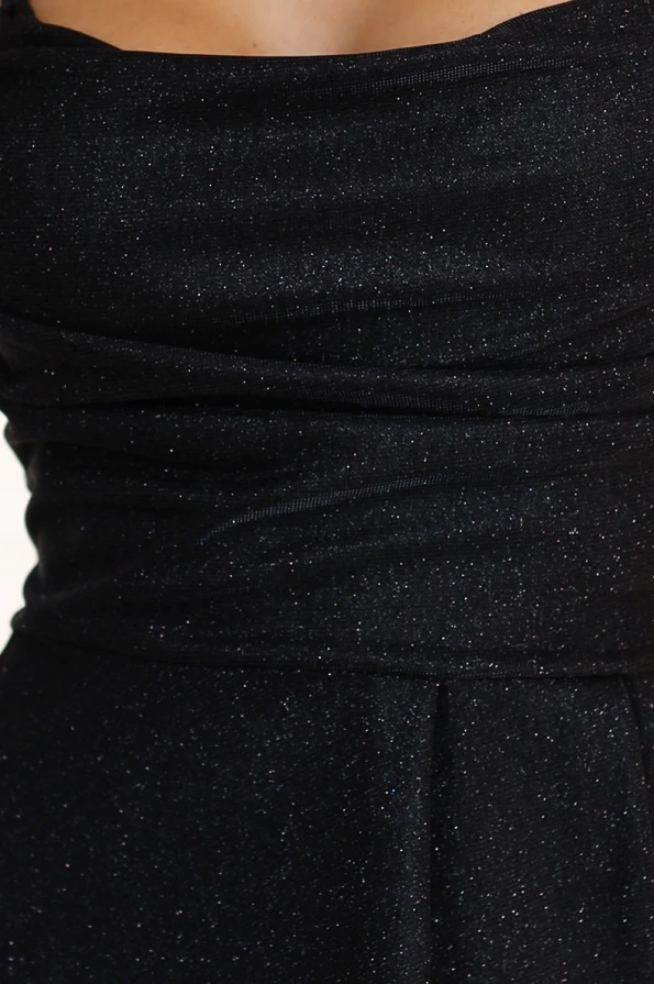 589-1 Rochie lungă cu strălucire subtilă și șireturi tip corset la spate - neagră cu sclipici